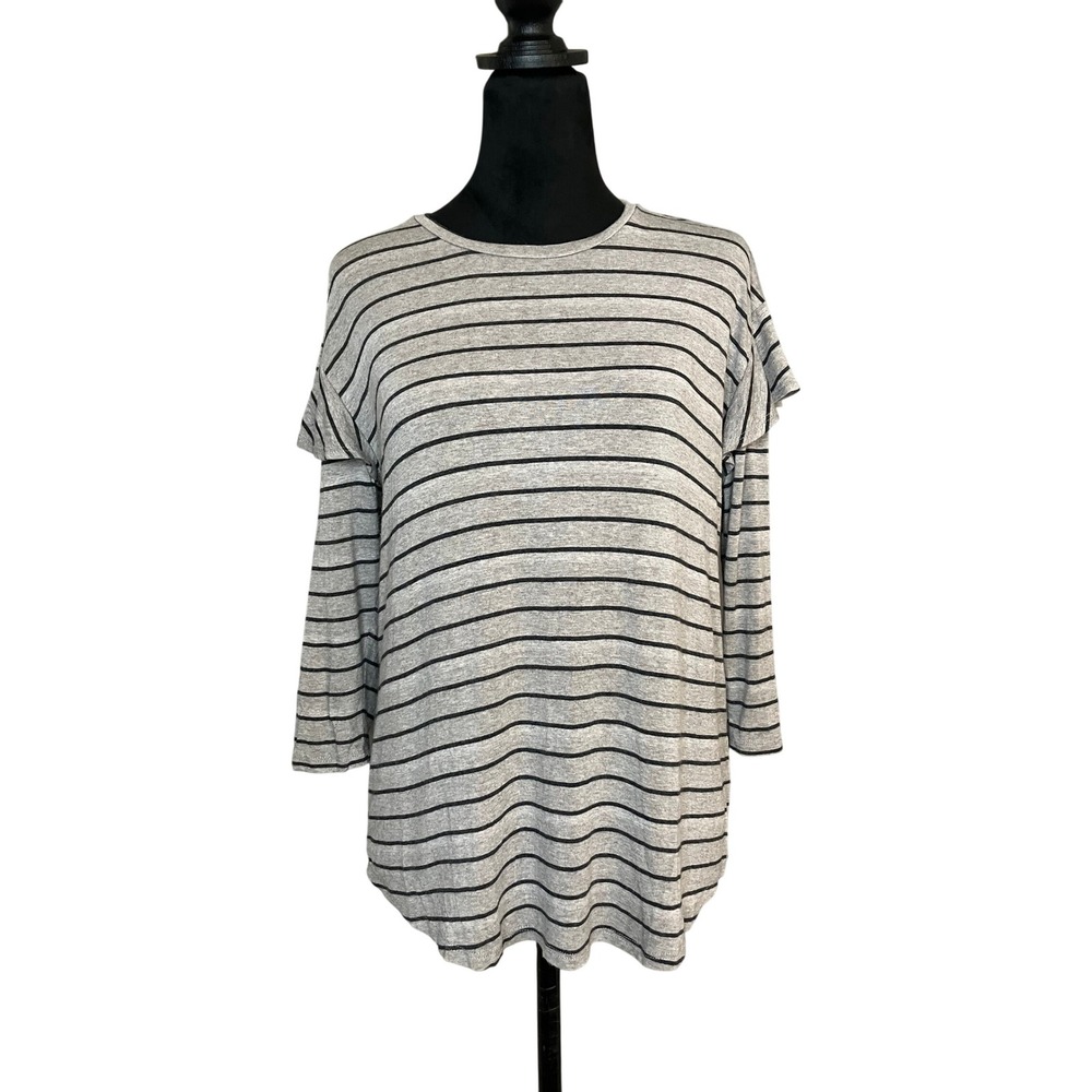 Dolan Left Coast Collection 3/4 Ruffle Sleeve Gray Striped Tee Casual Boho Small